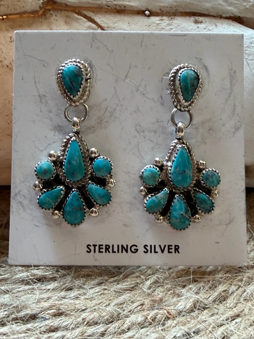 Zuni Alicia W Sterling Silver Turquoise Drop Earrings - Blue Teardrop Cluster